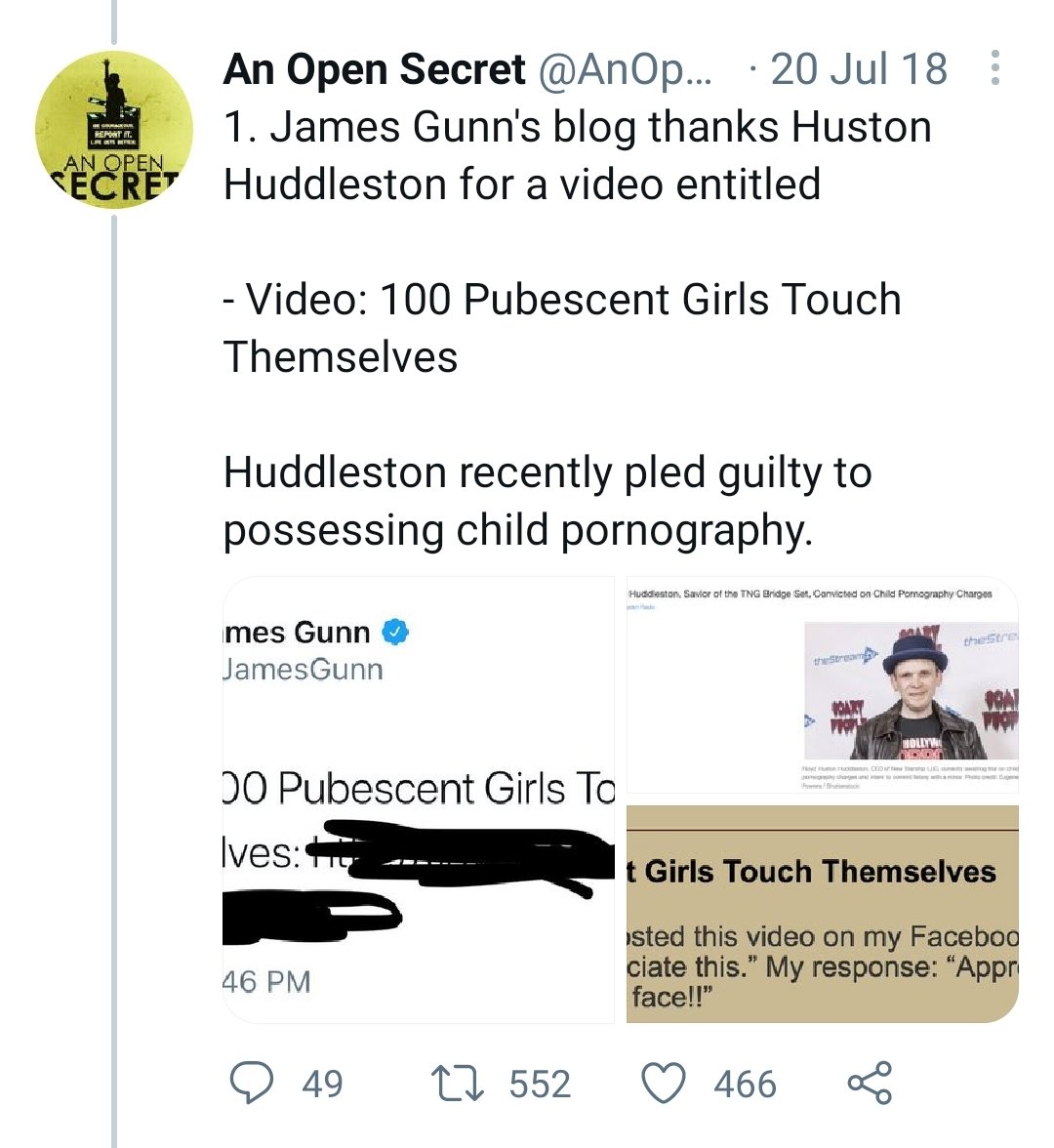 GaiExJeeExE's tweet photo. How is it this guy doesn't get criticise or campaigned for sacking!

He tweets his thanks for a video titled (read below), and thanks his close friend the convicted pedophile, Huston Hiddleston.

#FireJamesGunn
#BoycottWBD https://t.co/09SungMQ47