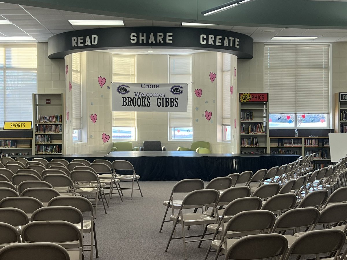JennieMevoli's tweet photo. The stage is set!!!! I am so excited! Thanks to our custodial staff, admin team and LMC director we are ready to go!@CroneSchool https://t.co/4Q2xffkBMj