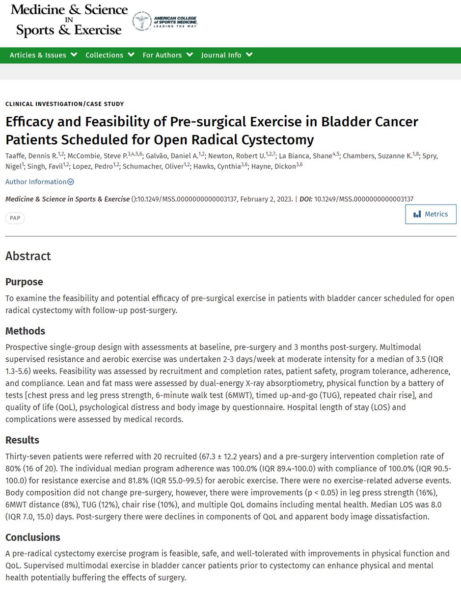 Rob Newton (@profrobnewton) on Twitter photo We report that pre-radical cystectomy exercise program is feasible, safe, and well-tolerated with improvements in physical function and QoL and potentially buffers deleterious effects of surgery <a href="/EMRI_ECU/">Exercise Medicine Research Institute</a> <a href="/EdithCowanUni/">Edith Cowan University (ECU)</a> <a href="/MSSEonline/">Medicine & Science in Sports & Exercise</a>
journals.lww.com/acsm-msse/Abst… We report that pre-radical cystectomy exercise program is feasible, safe, and well-tolerated with improvements in physical function and QoL and potentially buffers deleterious effects of surgery <a href="/EMRI_ECU/">Exercise Medicine Research Institute</a> <a href="/EdithCowanUni/">Edith Cowan University (ECU)</a> <a href="/MSSEonline/">Medicine & Science in Sports & Exercise</a>
journals.lww.com/acsm-msse/Abst…
