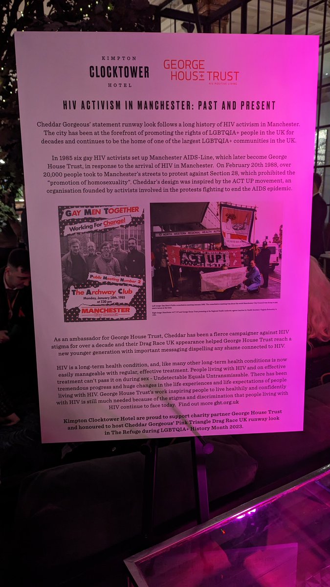 Fantastic to celebrate HIV activism in Manchester with @GeorgeHouseTrst last night. @CheddarGorgeous made such an impact with this design on Drag Race UK, it was stunning to see it up close 💖