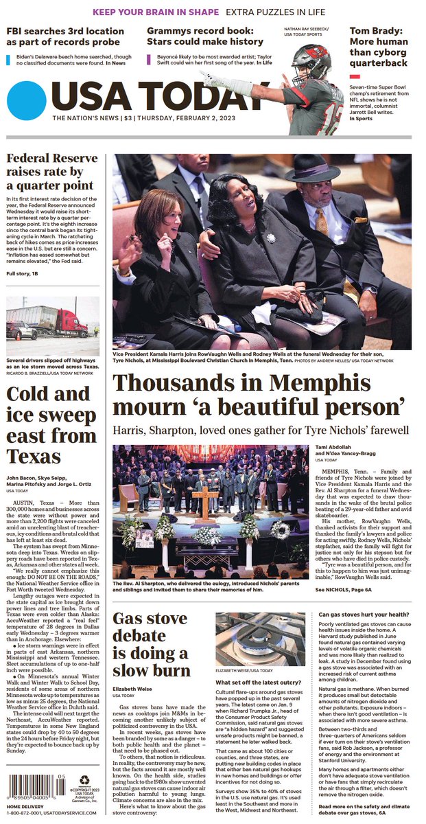 🇺🇸 Thousands In Memphis Mourn 'A Beautiful Person' ▫Harris, Sharpton, loved ones gather Tyre Nichols' farewell ▫@latams @NdeaYanceyBragg ▫is.gd/z5PxOI 🇺🇸 #frontpagestoday #USA @USATODAY