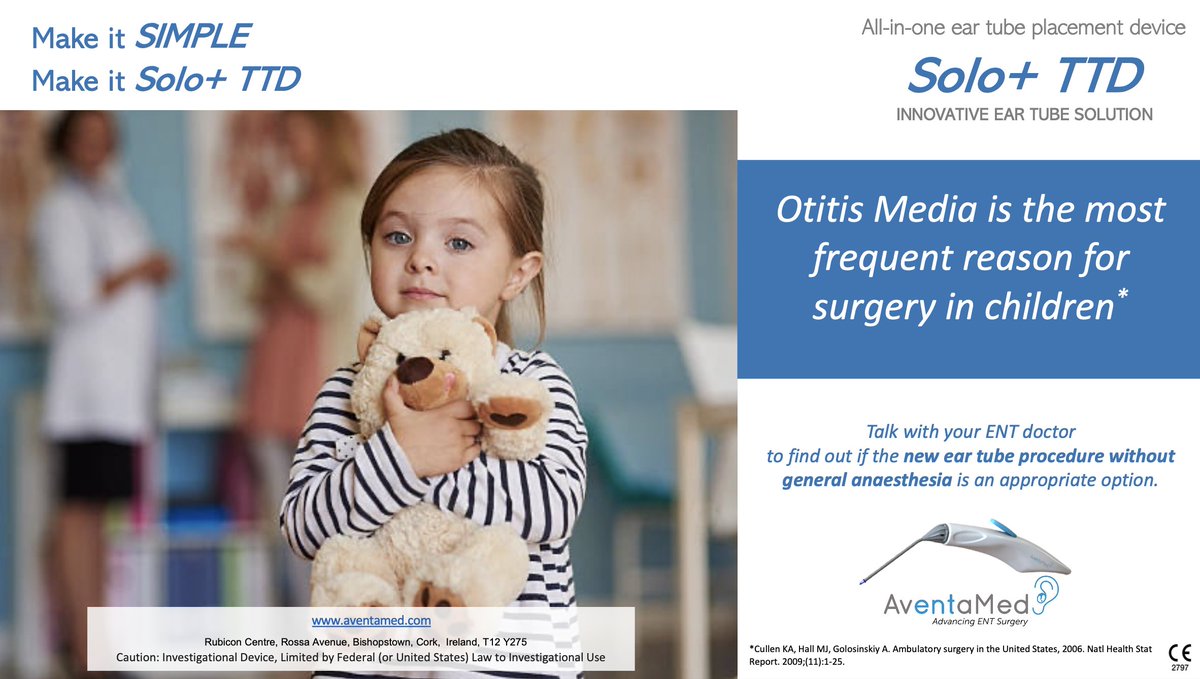 Otitis Media is the most frequent reason for surgery in children
Talk with your ENT doctor to find out if the new ear tube procedure without general anaesthesia is an appropriate option.
For more information go to aventamed.com
#eartubes  #otorhinolaryngology #otitis