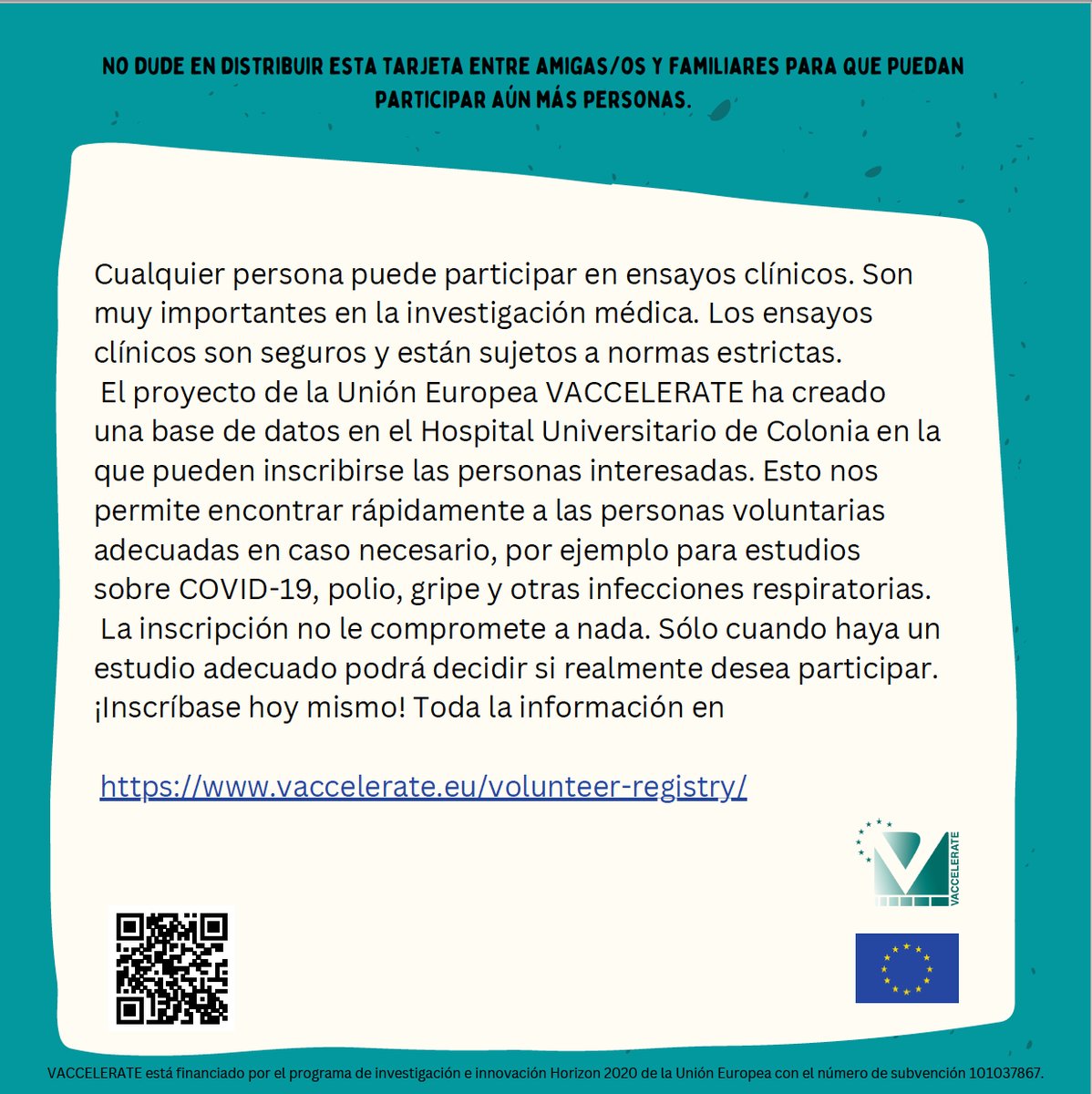 La Red Europa🇪🇺de #EnsayosClínicos con #vacunas (<a href="/vaccelerate_eu/">VACCELERATE Consortium 🇪🇺🇺🇦</a>), coordinada por <a href="/UKKoeln/">Uniklinik Köln</a>, busca personas voluntarias 🫂. 

🔬Apoya la investigación de nuevas medidas de prevención y marca la diferencia.

ℹ️Información: vaccelerate.eu
➡️Registro: clinicalsurveys.net/uc/Volunteer-R…