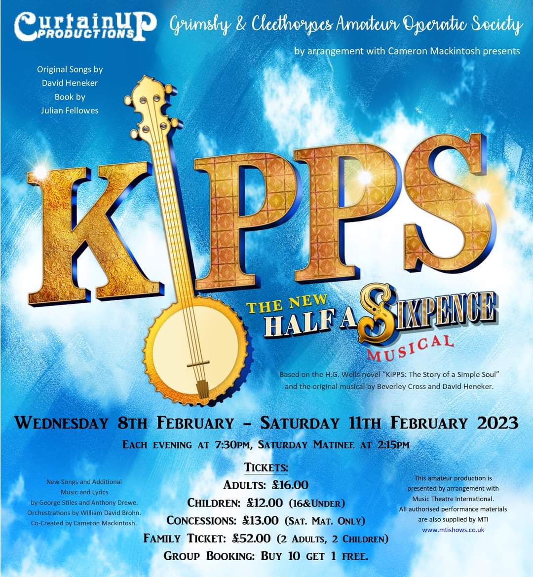 Supporting our friends at Curtain Up productions today. Their brilliant Kipps (Half a Sixpence) opens on 8th Feb to 12th, matinee on 12th. We could all do with a bit of Flash Bang Wallop at this end of winter!
Details on the poster.
#lincsconnect #grimsbycreates #theculturehouse