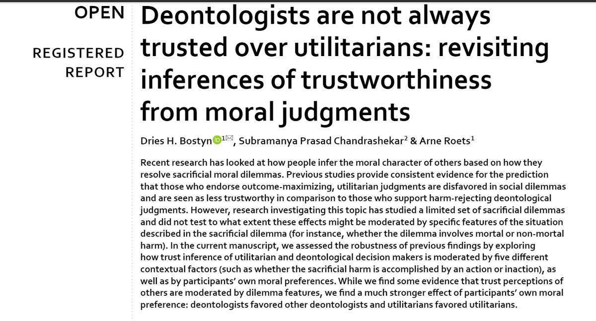 New paper out! 

"Deontologists are not always trusted over utilitarians: revisiting inferences of trustworthiness from moral judgments"

published open access in Sci Reports here: rdcu.be/c4rE8. 

What is the gist of it? 1/X