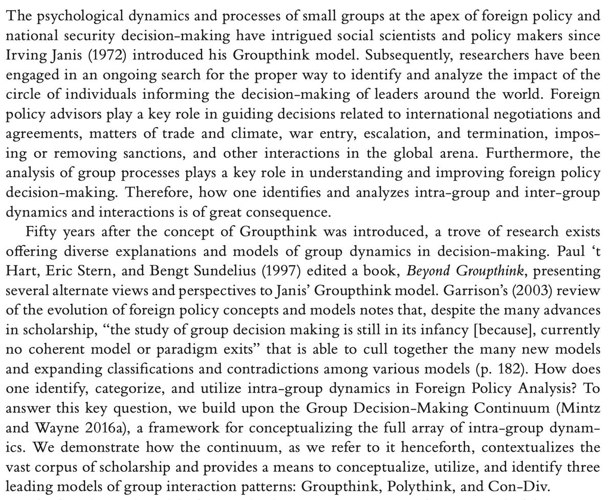patrickamello's tweet photo. Finally, Chapter 17 by Kasey Barr and Alex Mintz (@ReichmanUni) focuses on #groupthink, #polythink, and #condiv as prevalent patterns of group decision-making dynamics and the central problems of cohesion and divergence that accompany them. #FPA https://t.co/VzwwVPL67F