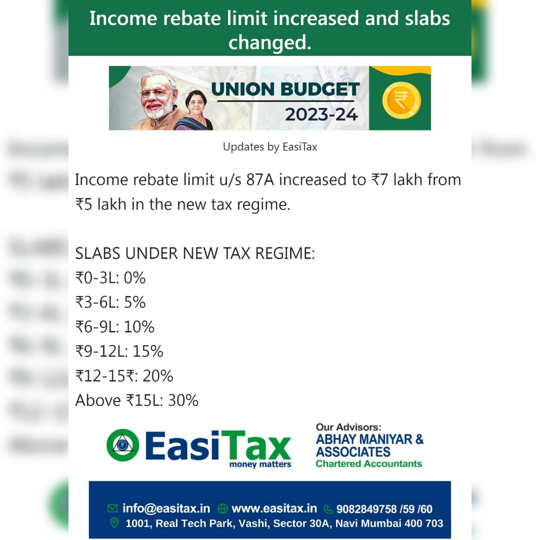 Income rebate limit increased 

#Budget2023
#UnionBudget2023
#Budget202324
#budgetpriority
#agriculture
#infrastructure
#investments
#jobcreation
#youthupliftment
#UnionBudget
#incometaxreturn
#incometax
#BudgetSession
#FinanceMinister
#EasiTax