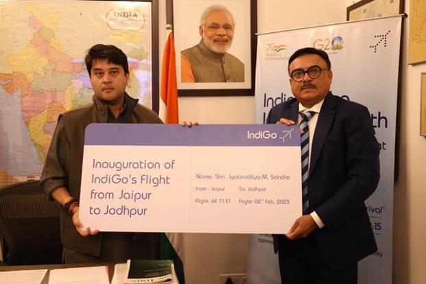 ians_india's tweet photo. Civil Aviation Minister Jyotiraditya M. Scindia inaugurated a flight service connecting Jaipur and Jodhpur virtually.
The flight connecting two major cities of Rajasthan will be operated by #IndigGo four days a week.
@JM_Scindia @MoCA_GoI https://t.co/xEnMNUBmyh