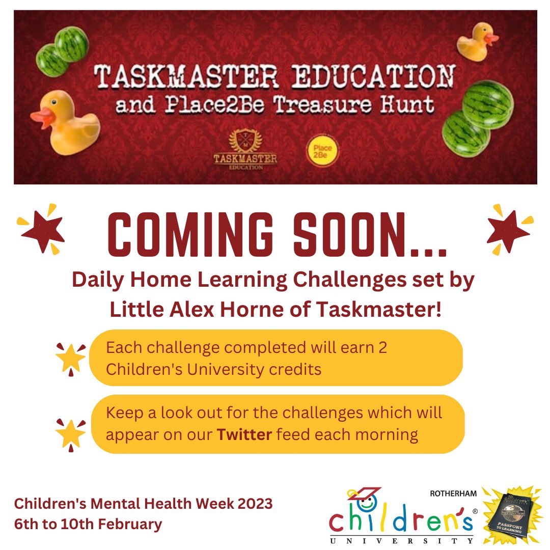 RotherhamCU's tweet image. Next week is Children&apos;s Mental Health Week (6th-10th Feb). We&apos;ve teamed up with @TaskmasterEdu &amp;amp; @Place2Be to bring you Home Learning Challenges which will posted each day. Earn 2 CU credits for EACH challenge in your Passport to Learning! #ChildrensMentalHealthWeek  #CMHWTasking