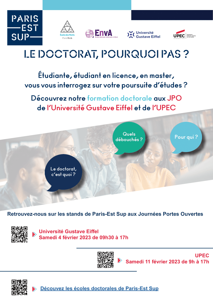 Paris-Est Sup sera présent lors de la JPO de @UGustaveEiffel le samedi 4 février 2023 ! 

Venez découvrir notre formation doctorale et rencontrer nos doctorantes et doctorants en personne.👩‍🎓👨‍🎓#JournéesPortesOuvertes #FormationDoctorale #PhDstudents #doctorat