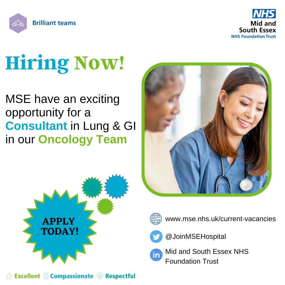 JoinMSEHospital's tweet photo. MSE are looking for a Consultant Clinical Oncologist with an interest in Lung and GI to join their friendly Oncology Team. This is an exciting and challenging opportunity for the right person. 

Apply today https://t.co/n92xD5gciB to read more about this role 

#NHSJobs https://t.co/LoRYXTOKTN