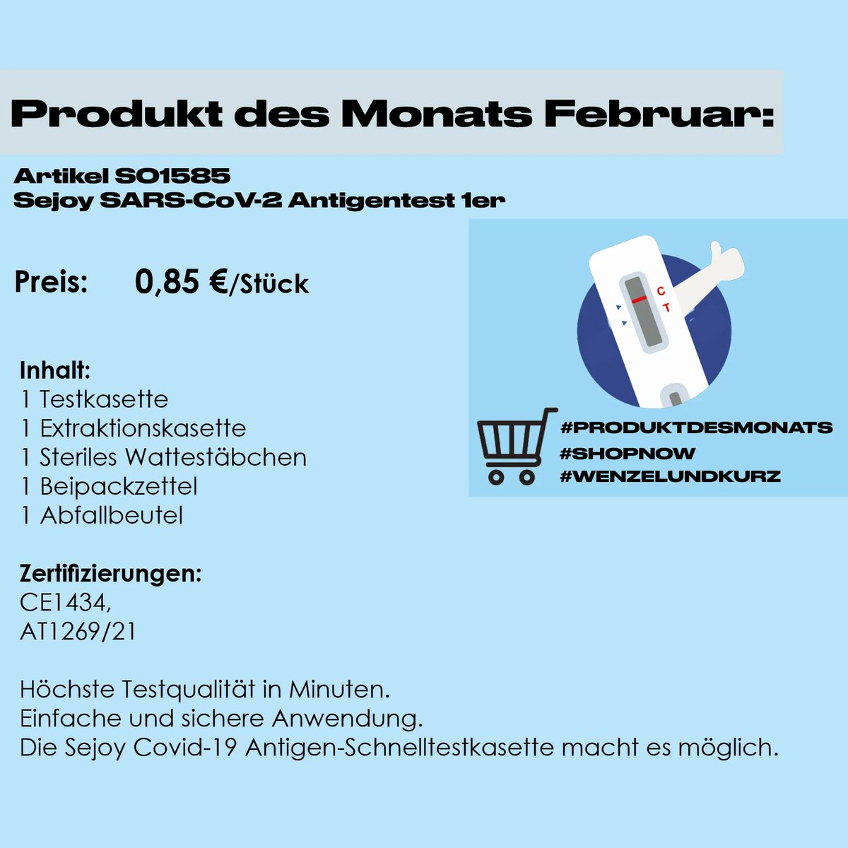 Wenzelundkurz's tweet image. Unser SALE Produkt des Montas Februar: Sejoy SARS-CoV-2 Antigentest 1er 😷 
#werbung #schnelltest #selbsttest #sicherheit #wenzelundkurz #corona #coronavirus #sauberkeitgibtsicherheit #testengibtsicherheit #ihrlieferant #testenhilft #produktdesmonats #februar #sale #shopnow