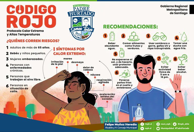 RECOMENDACIONES FRENTE A ALTAS TEMPERATURAS☀️

✔️Vecinas y vecinos hoy están  anunciadas temperaturas que superarán los 35 grados, por lo que les dejamos los siguientes recomendaciones para no sufrir problemas con la ola de calor.

#PadreHurtadoSomosTodos