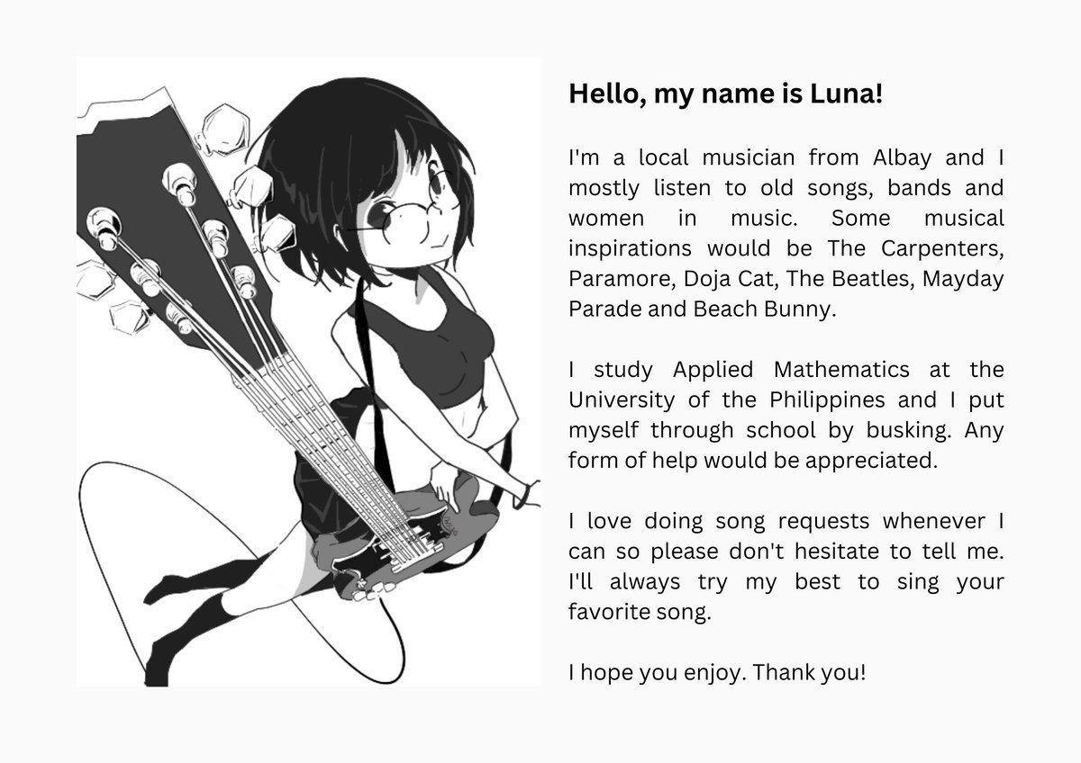 helloitmeluna's tweet photo. so hi my name is luna and i'll be busking tomorrow at SM from 4pm to 7pm so please drop by if you're free uwu help a struggling student hehe

these are my signs for tomorrow so people can read something while i sing and retweets would really help get the word out (manifesting!) https://t.co/ezVw6Y0BDi