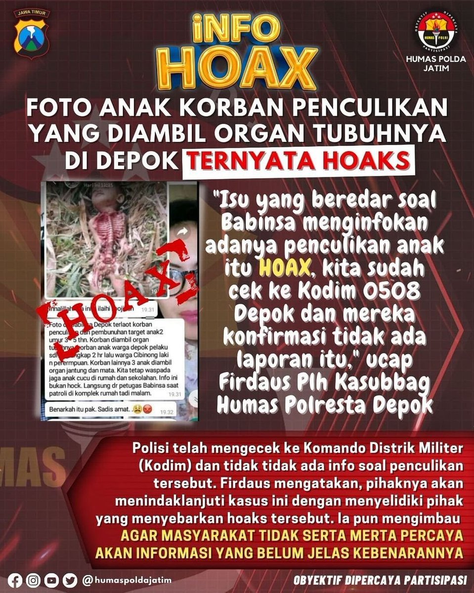 Verified
INFO HOAX

FOTO ANAK KORBAN PENCULIKAN YANG DIAMBIL ORGAN TUBUHNYA DI DEPOK TERNYATA HOAX