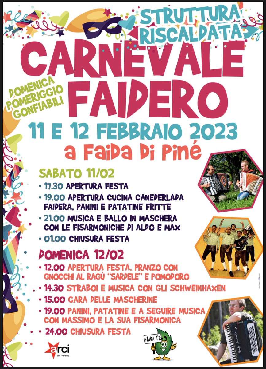 visitpine's tweet photo. 🤡👺🧝‍♀️🎭🎉🎊 Coriandoli e mascherine riempiono le piazze dei paesi in un clima esuberante di festa... ogni località ha il suo carnevale e le sue peculiarità tradizionali 👉 scopri gli appuntamenti: https://t.co/qJOEVNsgIc
#visitpinecembra #visittrentino https://t.co/BeLDJxYZTw