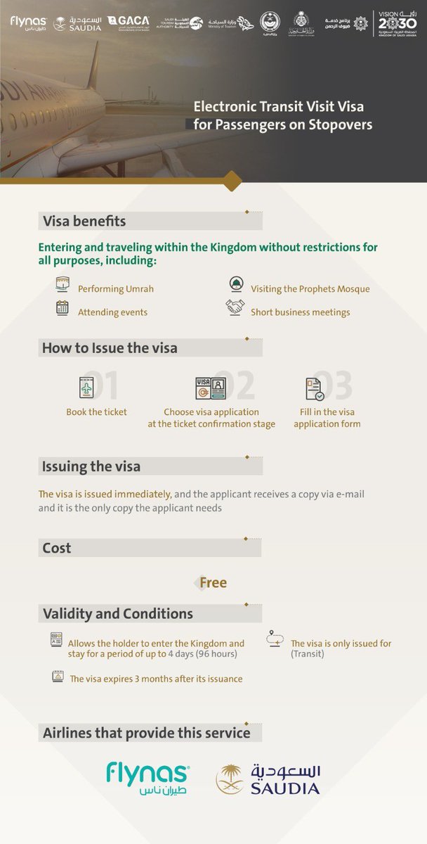 tfrabiah's tweet photo. Welcome to Saudi Arabia

Stopover (transit) Visa is now available free of charge. Anyone can visit Saudi for up to 4 days. Muslims can perform Umrah and visit the prophet’s mosque.

It is issued instantly for those arriving by air via @saudi_airlines or @flynas https://t.co/gvZjFyAcYb
