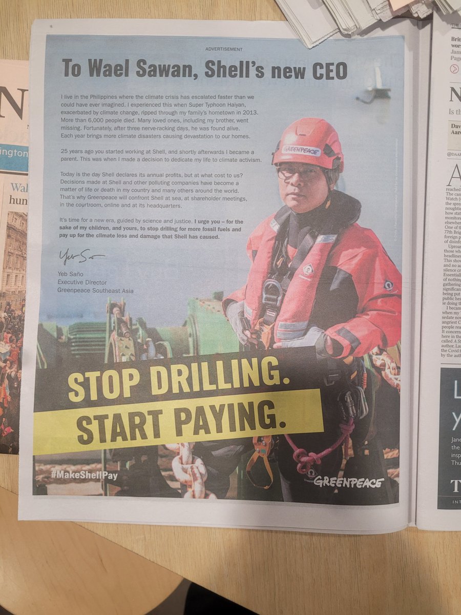 WillGreenpeace's tweet photo. Full page letter in @thetimes from my inspiring colleague @YebSano on why Shell need to stop drilling, and start paying. Peoples lives depend on it.

#MakeShellPay https://t.co/aOpiHRbtEs