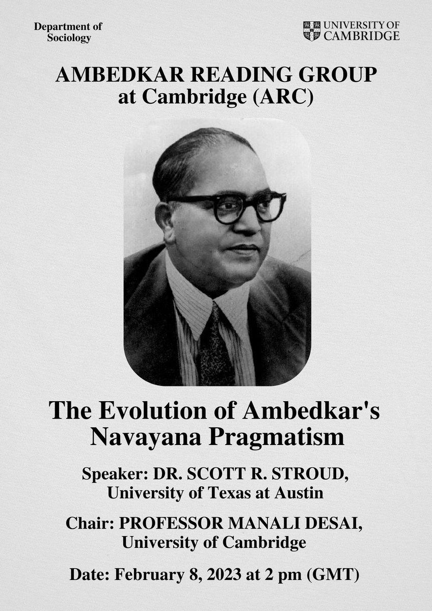 CamSociology's tweet photo. Weds 8 Feb 14:00 Ambedkar Reading Group first meeting!

Dr @scottrstroud, @UTexasMoody @UTAustin author of The Evolution of Pragmatism in India https://t.co/EgO6ZEVB4a 
Chair: Prof Manali Desai @Cambridge_Uni 

Open to @Cambridge_Uni staff and students: https://t.co/TiMmOUDFKs https://t.co/0bBqCEZAVx