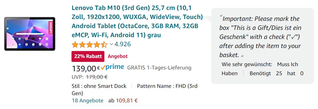 ⚡️New tablet-run on 🇩🇪 Amazon⚡️

There are strong discounts on the Lenovo Tab 10M (3rd gen) with Full-HD screen 📱 for even better sight 👀

We want to gather at least 24 tablets in 24 hours to be distributed to drone and artillery units🪖 

Let's go 🫡

🇩🇪amazon.de/hz/wishlist/ls…