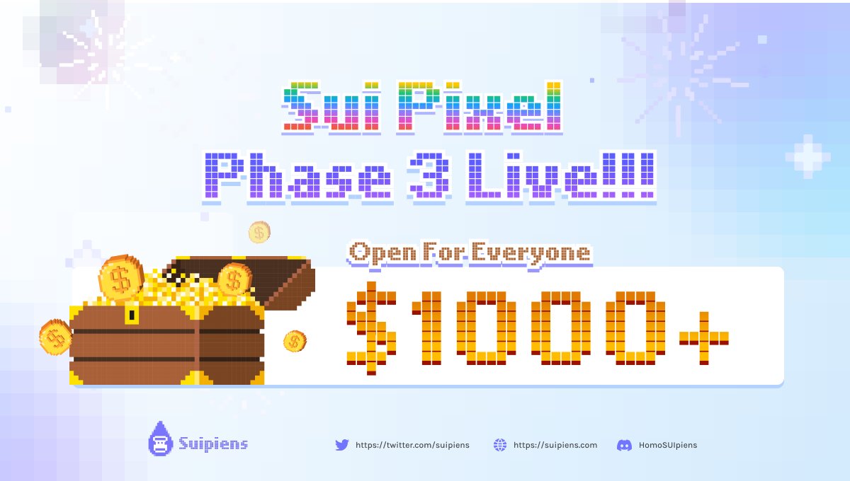 suipiens's tweet photo. 🔥Sui Pixel Phase 3 is here!🔥
Phase 3 is officially open for all to play.
There's a reward of $1000 up for grabs for all the winners. So, gear up and get ready to showcase your skills. The competition is heating up and the prize is waiting.
Join now: https://t.co/CWIaGWrqR7 https://t.co/2YoZpJvqSB