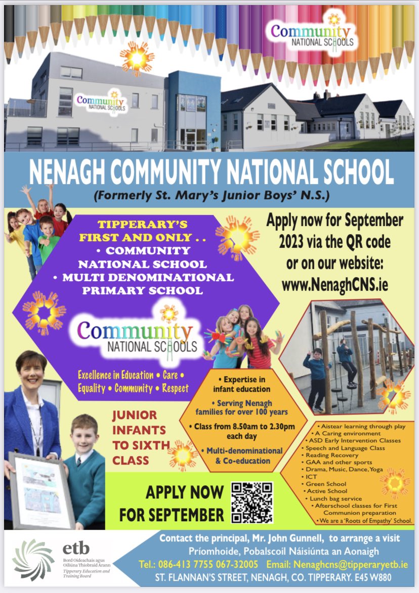 nenaghcns's tweet image. Now enrolling for September 2023
Follow link or use QR code
aladdin.ie/i/659762480729…
Tipperary’s 1st &amp;amp; only Multi-denominational Primary School

1️⃣Excellence in Education 
2️⃣Care 
3️⃣Equality 
4️⃣Community 
5️⃣Respect

#nenagh #cns #multidenominational
@tipperaryetb @cnsireland
