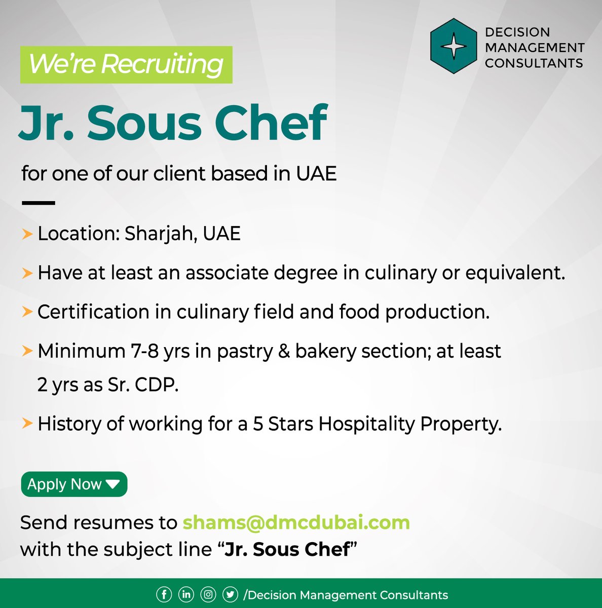 mydmcdubai's tweet photo. #wearehiring #openposition #souschef #culinaryschool #culinaryexperience #foodproduction #cdp #hospitalityindustry #bakingrecipes #chefsdubai #chefsuae #chefjobs #sharjahjobseekers #linkedinjobs #sharjahjobsearch #hiring #dmc #uaejobseekers #souschefjobs https://t.co/VVYQOvufgo