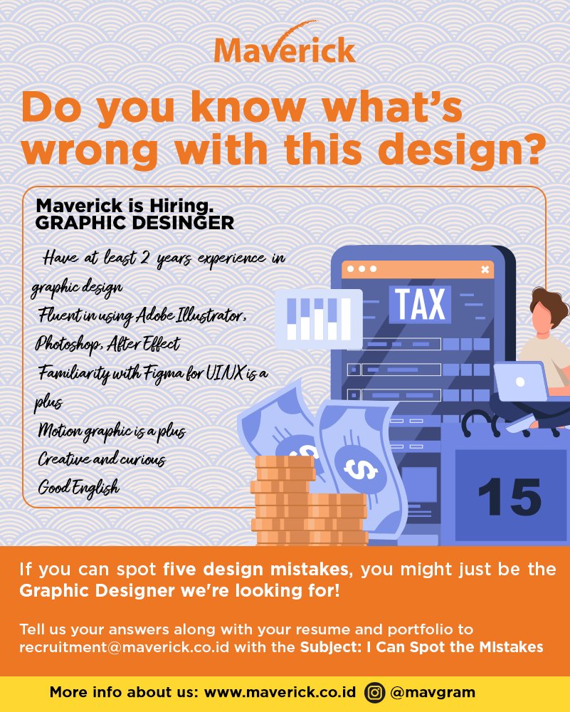 We are looking for a graphic designer with the qualifications as outlined in the attached poster.

If you think you got what it takes, send your resume, and portfolio to recruitment@maverick.co.id.

#lokercot