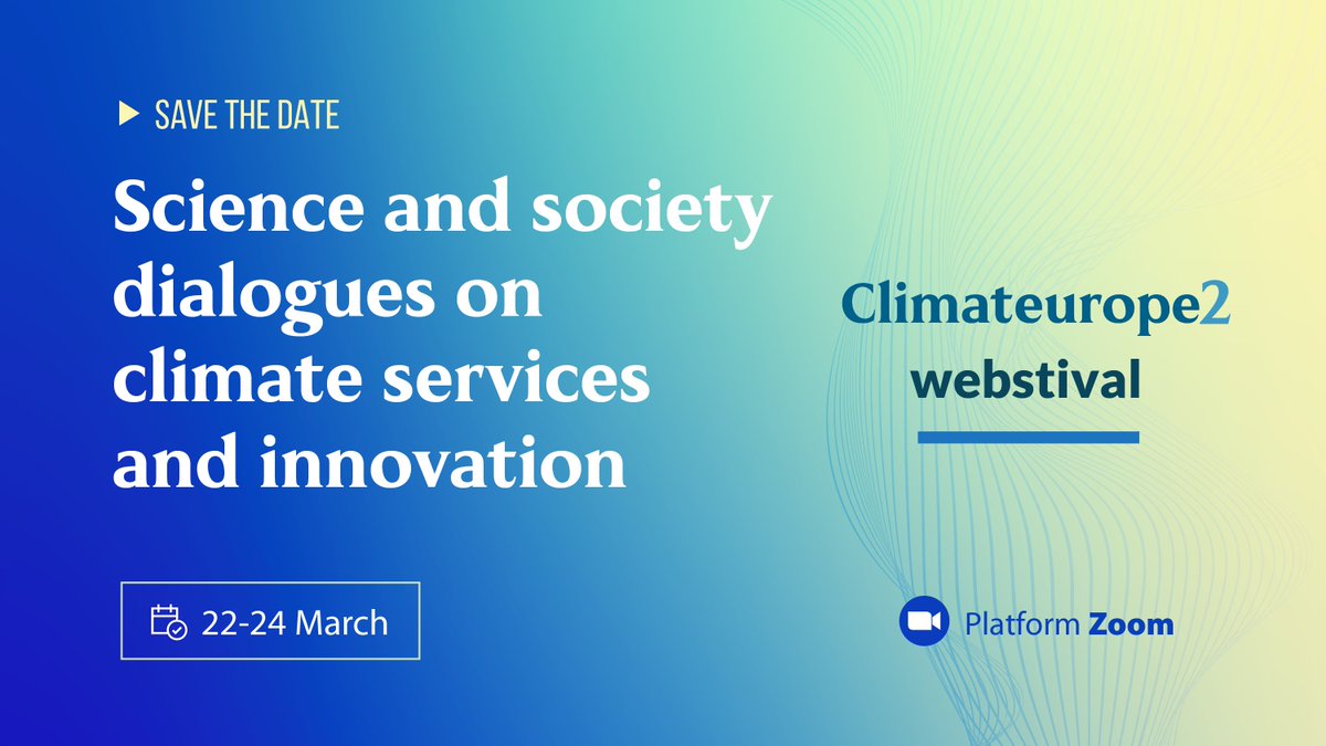 📌 𝐒𝐀𝐕𝐄 𝐓𝐇𝐄 𝐃𝐀𝐓𝐄!

The first of a series of #webstivals will be organised on March 22-24, 2023 as a virtual #festival of innovative #climateservices.

👉Register now: bit.ly/3l1znOz