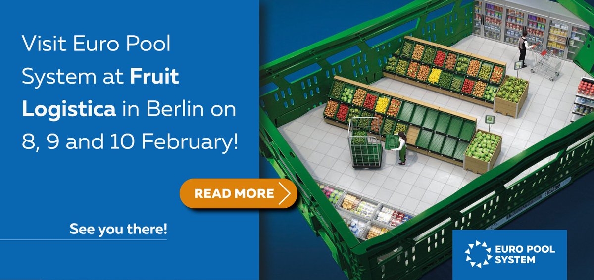 Next week you can find Euro Pool System at @fruit_logistica in Berlin!

Are you looking to optimise your supply chain and achieve your sustainability goals at the same time?

Come visit us at Stand A40 in Hall 20. See you in <a href="/MesseBerlin/">Messe Berlin</a>! 
hubs.la/Q01B164L0