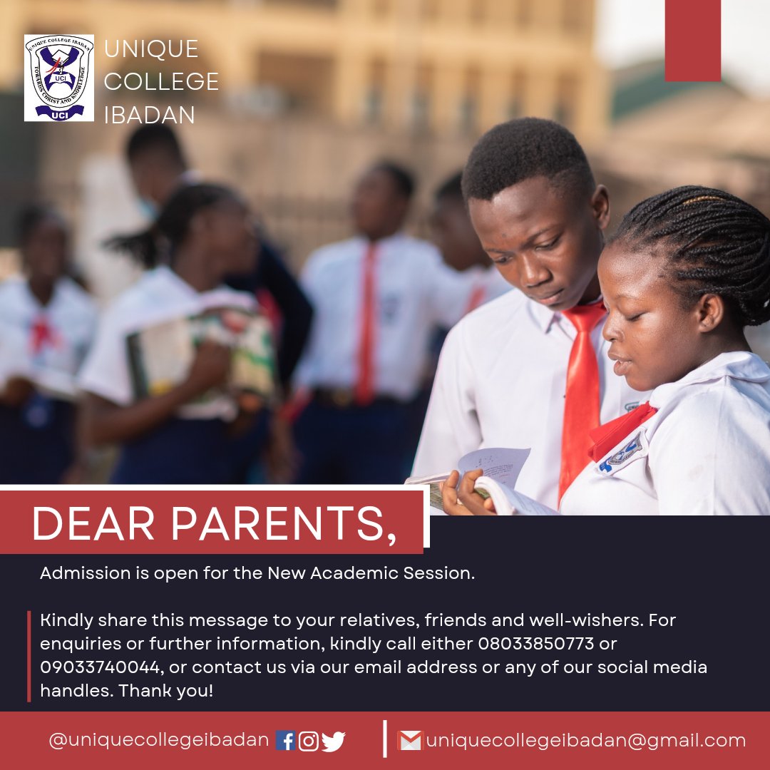 Dear parents, 

Kindly save this and share to your relatives, friends, and well-wishers.

Let's spread the news of quality education together. 

Thank you!

#uniquecollege #uniquecollegeibadan #WeAreUnique #Happyresumption #education #educationmatters #qualityeducation