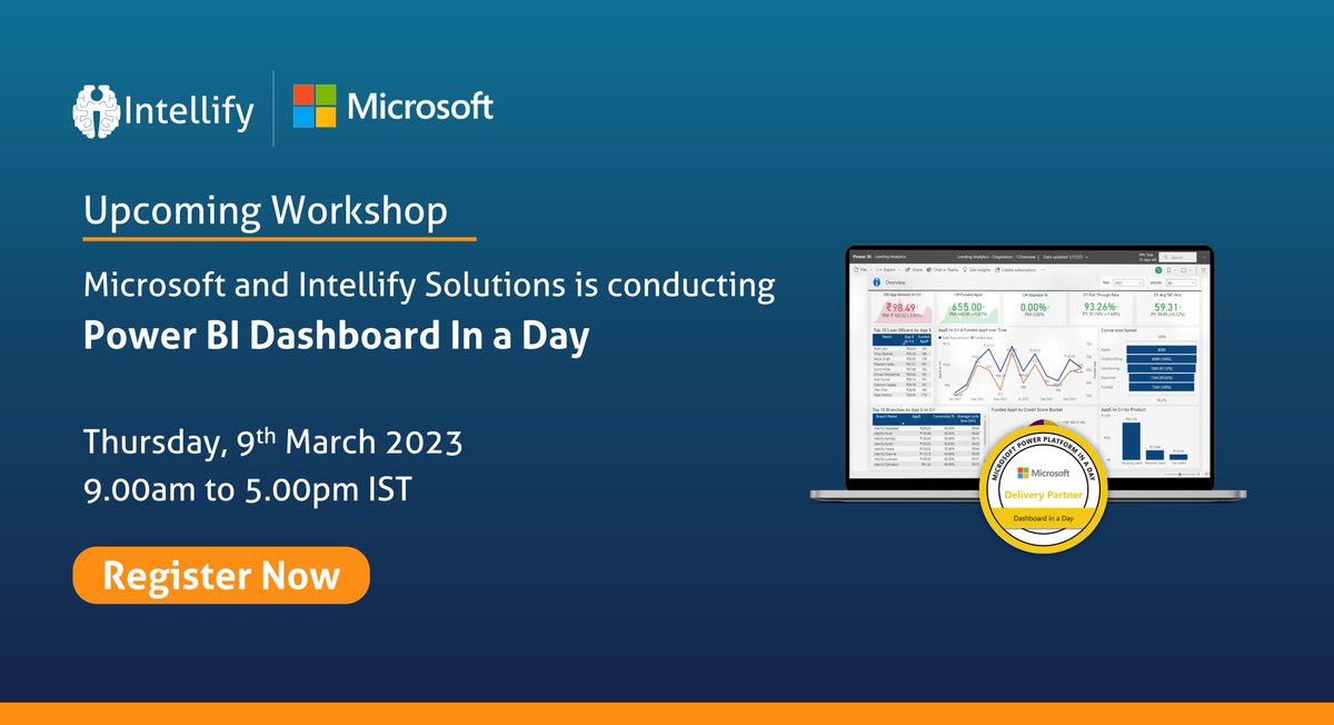 IntellifySol's tweet photo. We are happy to announce that, we are conducting โDashboard In a Dayโ workshop in partnership with Microsoft on Thursday, March 9, 2023 from 9.00 am to 5.00 pm IST
Click here to register for virtual workshop free: https://t.co/xquVnxoIS6
#powerbi #microsoft #diad #dataanaytics https://t.co/fnEngoMEFN