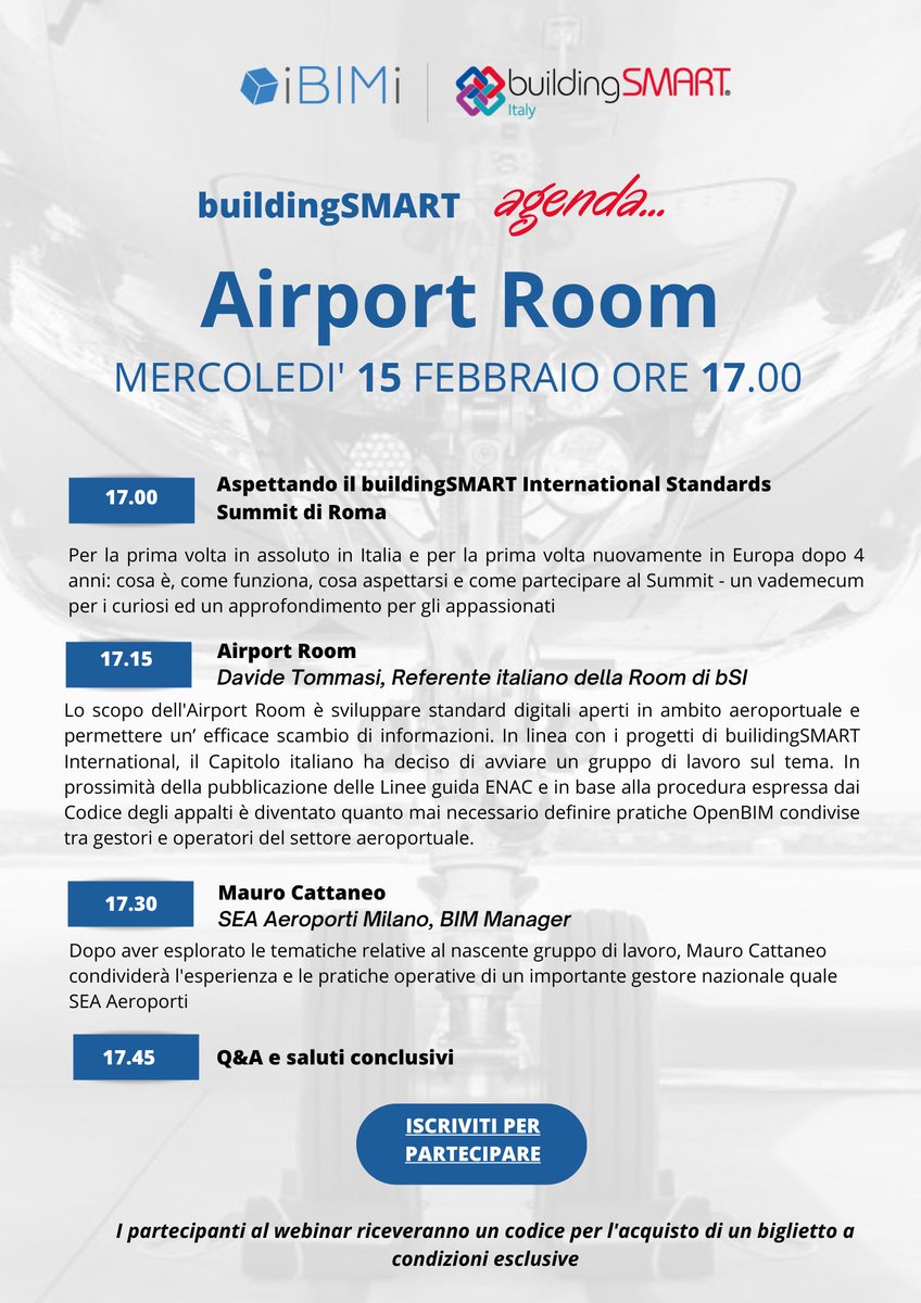 Al via un nuovo #gruppodilavoro IBIMI buildingSMART!
In linea con i progetti di #builidingSMART International, il Capitolo italiano ha deciso di avviare un gruppo di lavoro sul tema #aeroporti
Segui il webinar del prossimo 15 febbraio per saperne di più attendee.gotowebinar.com/register/22058…