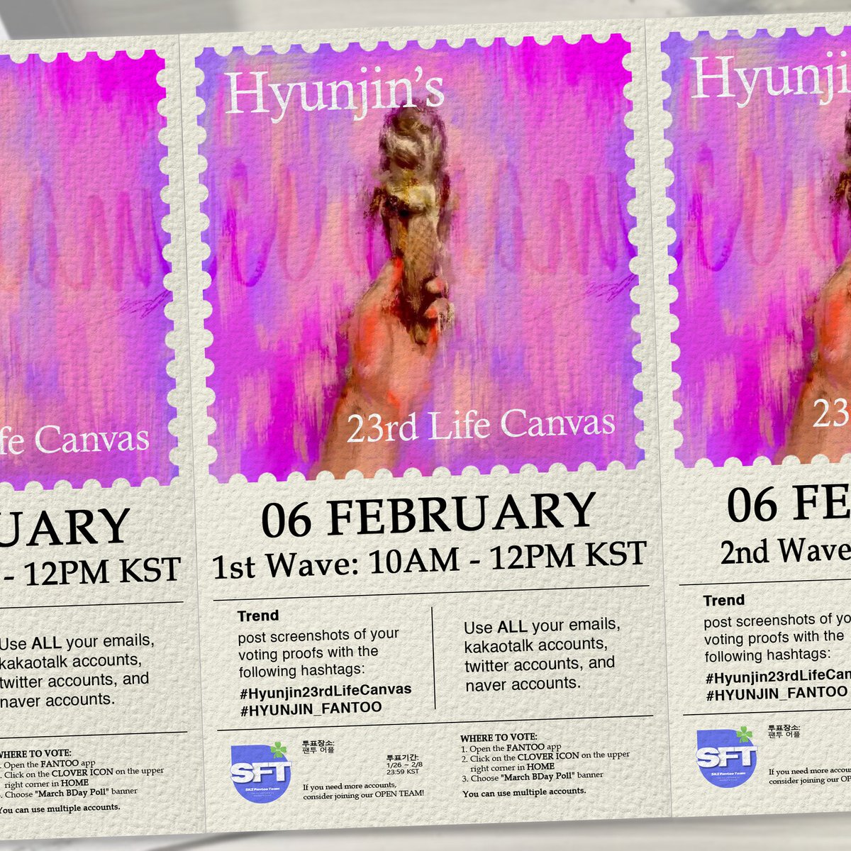 STAYs Assemble❕

Let’s work together and vote with as many accs we can from 10AM to 12NN KST 💪🏼

Encourage others to do the same and use our hashtags #Hyunjin23rdLifeCanvas #HYUNJIN_FANTOO to spread the word. 🔥

💌 Open Team: bit.ly/SFTHHJ23