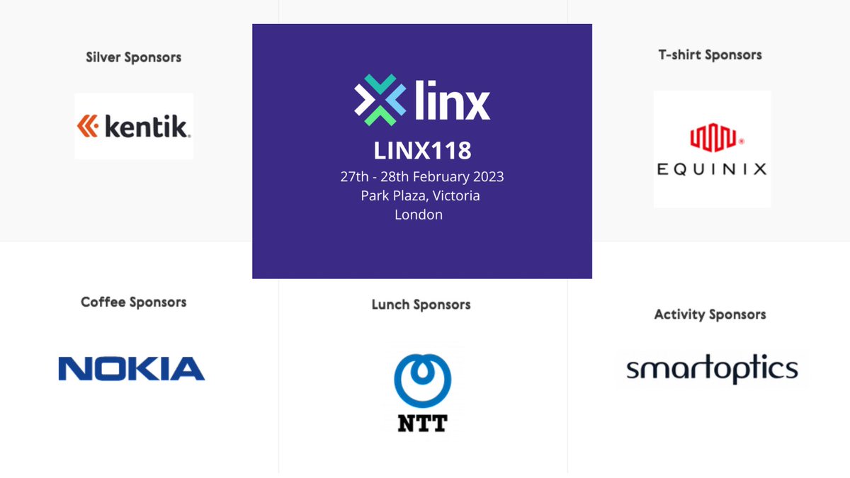 #LINX118 is taking place later this month in London - we're looking forward to another great event with the #LINX community. Thanks to our sponsors so far! If you'd like to join this line up as a sponsor, we have a couple of packages available, email hello@linx.net for details.
