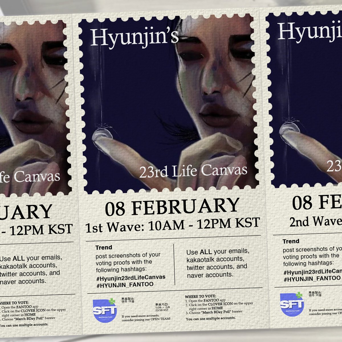 STAYs Assemble❕

Let’s work together and vote with as many accs we can from 10AM to 12NN KST 💪🏼

Encourage others to do the same and use our hashtags #Hyunjin23rdLifeCanvas #HYUNJIN_FANTOO to spread the word. 🔥

💌 Open Team: bit.ly/SFTHHJ23