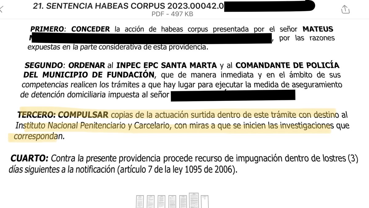 E_barreneche's tweet image. Con este fallo de Habeas Corpus el juzgado 01 Promiscuo municipal de Fundación Magdalena ordena a @INPEC_Colombia y @PoliciaDEMAG que se cumpla la detención domiciliaria impuesta desde el 19 de enero. 
#defensahonesta #defensareal