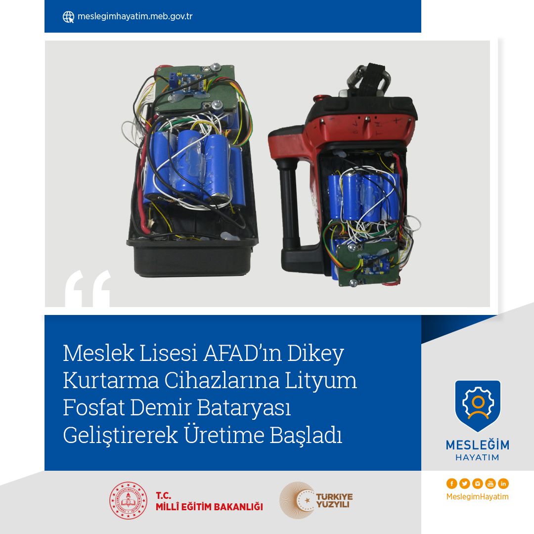 #MesleğimHayatım | 📰

Ar-Ge okullarımızdan Yenimahalle Şehit Mehmet Şengül Mesleki ve Teknik Anadolu Lisesi, AFAD’ın Dikey Kurtarma Cihazları için Lityum Fosfat Demir Bataryası geliştirdi. 

#GelecekMeslekiEğitimde 

👉meb.ai/F1CMkj