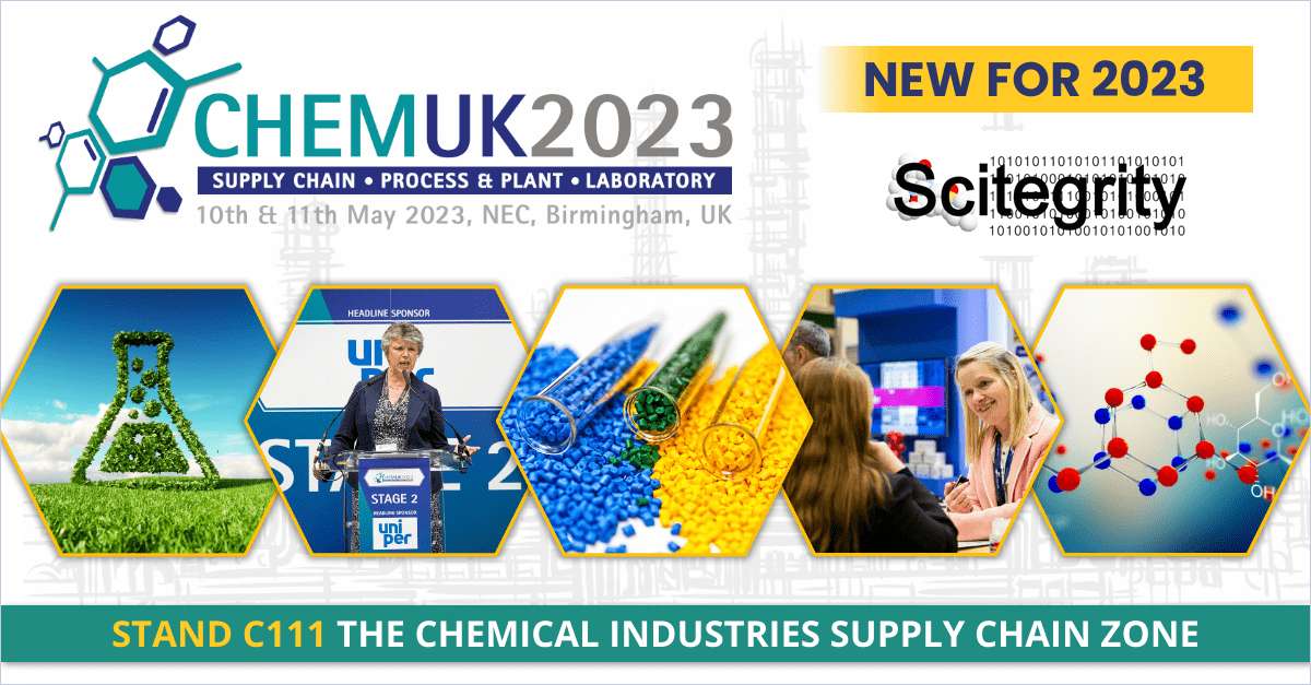 Scitegrity's tweet photo. We'll be exhibiting at ChemUK2023 in Birmingham in May. Come along to find our how Scitegrity's Compliance Hub can help you automatically identify controlled, regulated, dangerous and hazourdous chemicals, calculate HS and GHS codes and more on stand C111... https://t.co/NLvxmkRSzQ