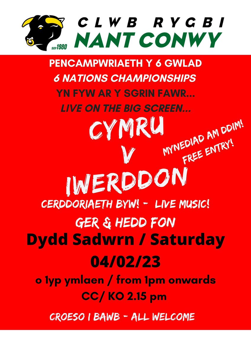 📢DEWCH I NANT DYDD SADWRN, Y LLE I FOD I WYLIO CYMRU V IWERDDON!

📢COME TO NANT SATURDAY, THE PLACE TO BE TO WATCH WALES V IRELAND!
