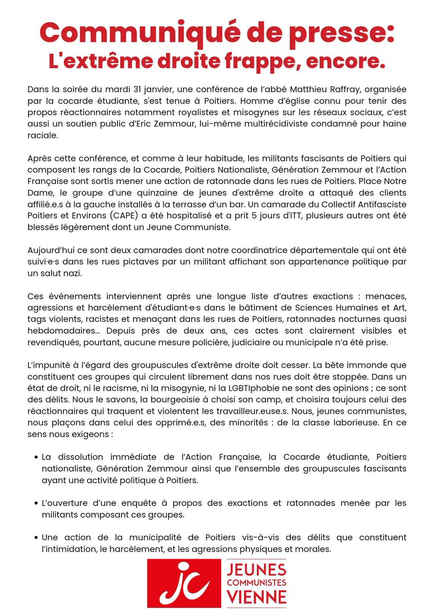 L'extrême-droite nous montre son veritable visage. En s'en prenant aux Jeunes Communistes, ils s'en prennent à l'ensemble des communistes.

La violence et la haine n'ont pas leur place en France.

<a href="/GDarmanin/">Gérald DARMANIN</a>, nous demandons la dissolution de ces groupuscules d'extrême-droite.