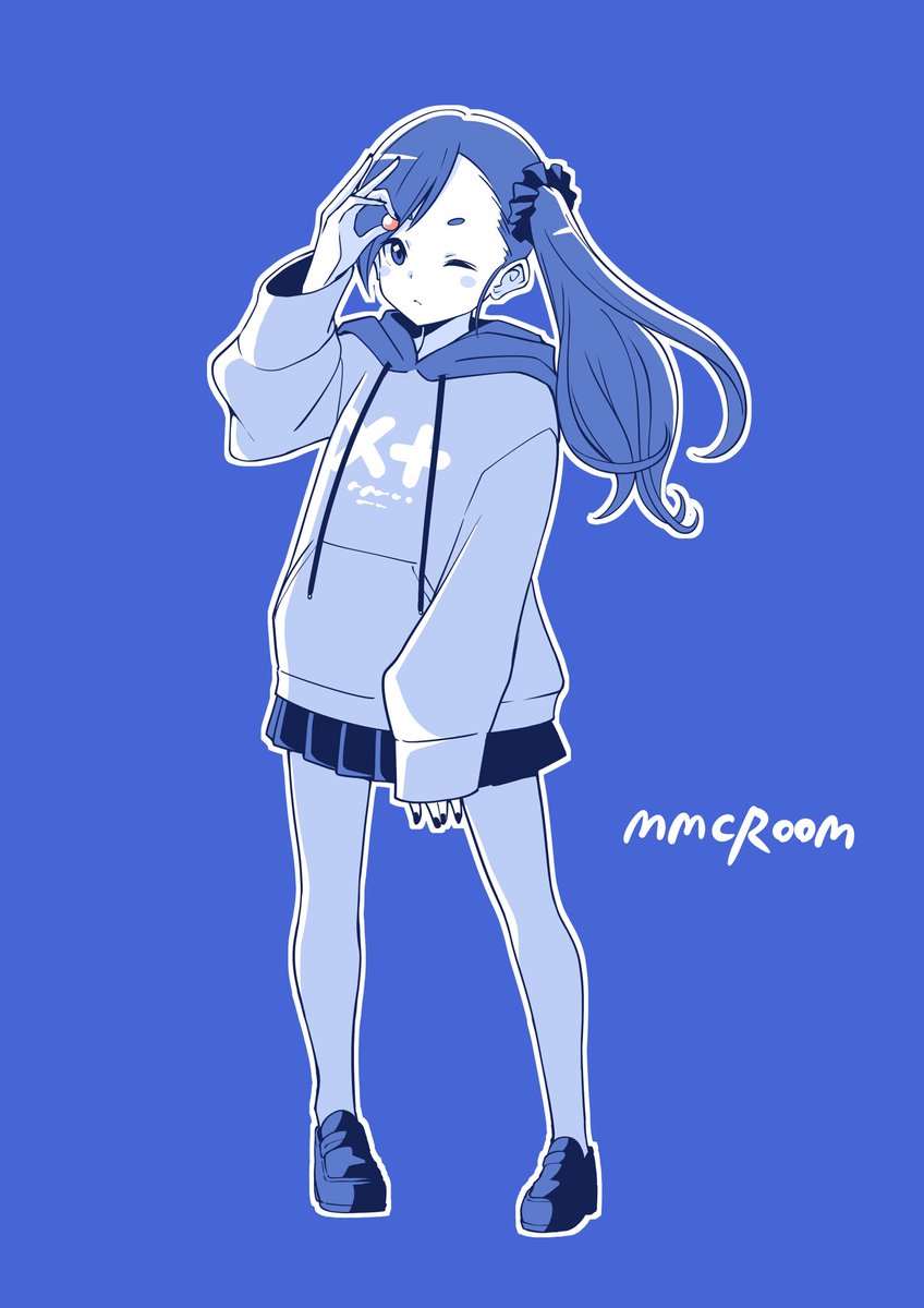 1girl solo one eye closed skirt side ponytail hood hoodie  illustration images