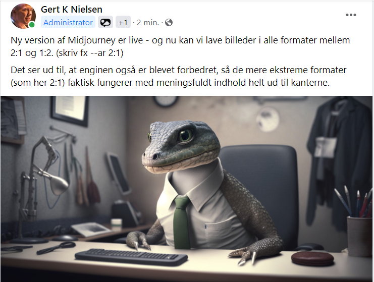 Vil du have det sidste nye om AI-grafik-tjenesterne, så meld dig ind i  <a href="/gertkn/">Gert K Nielsen</a>'s fb-gruppe  "AI-grafik Danmark".
Vil du lære, hvordan du bruger Midjourney etc., så tilmeld dig Gerts kursus "Kreativ brug af AI-grafik" 1. og 2. marts i Kbh. kaasogmulvad.dk/forside/kurser…