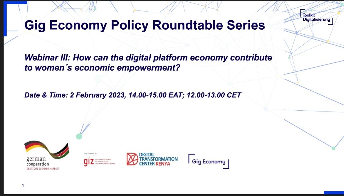 The Women in the Gig Economy- Policy Roundtable Series Webinar III is now live. The aim is to discuss policy responses to the challenges and potentials offered by #gigwork for women in Kenya. 

#jiraForShe #WomenInTech #DTCkenya #GIZ #GigEconomy #fairwork  #DigitalGlobal.