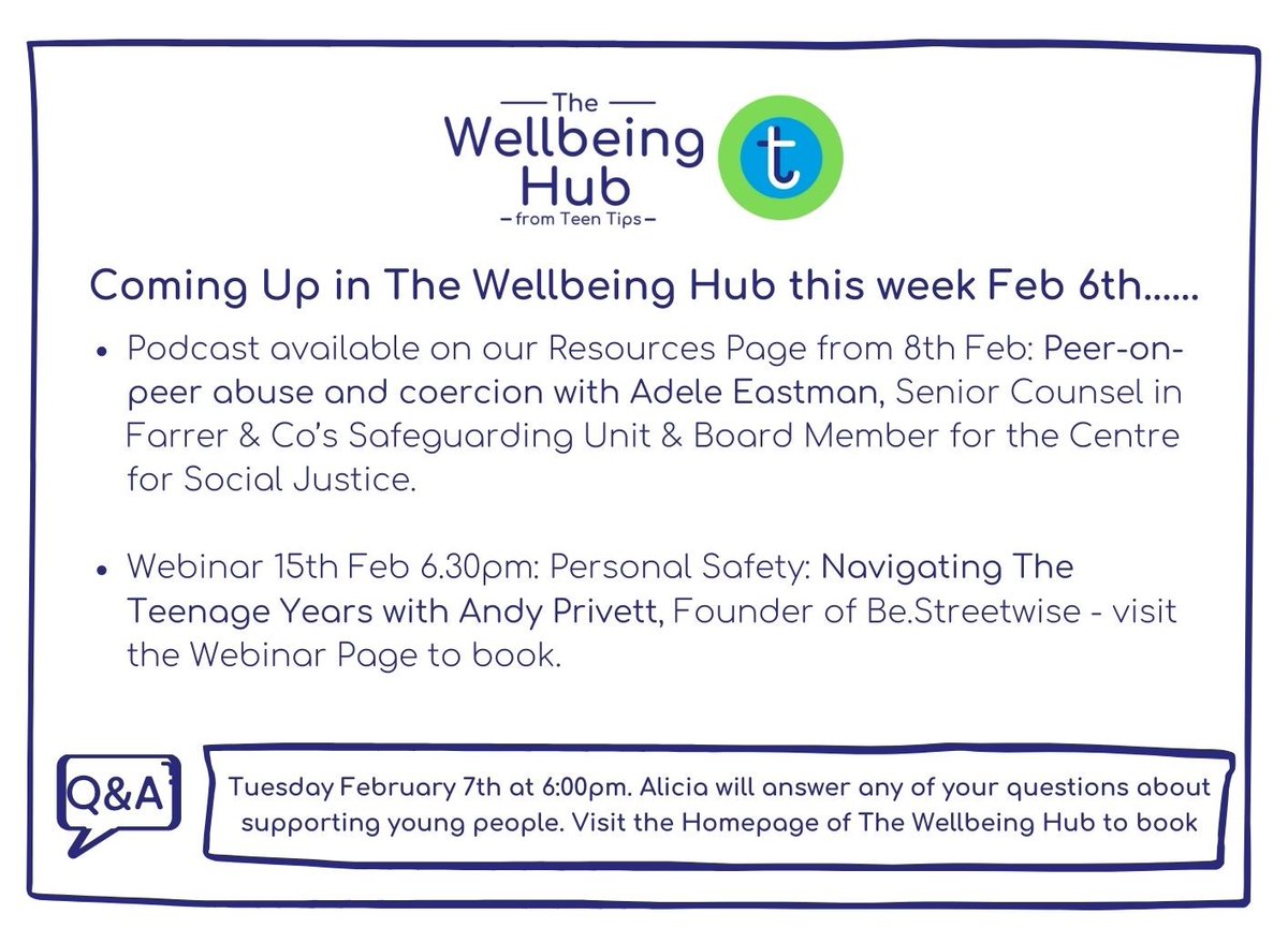 Take a look at what's coming up on the Wellbeing Hub next week.

Remember that all Senior School and Sixth Form parents have free access to all resources on the Hub, including the regular webinars and podcasts. Log on now - club.teentips.co.uk 

@WellbeingHubTT