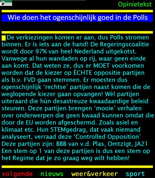 OpinieLeader2's tweet photo. #bigbrothernlbe #coronadebat #rutte #stemzeweg #shell #d66 #dejonge #stajaadalet #wob #kaag #projectclaritas #wtp #pesticiden #ongevaccineerden #fvd #statushouders #ps2023 #sumbultouqeerkhan #pvda #emk #BBB #JA21 https://t.co/y3boCp2w4c