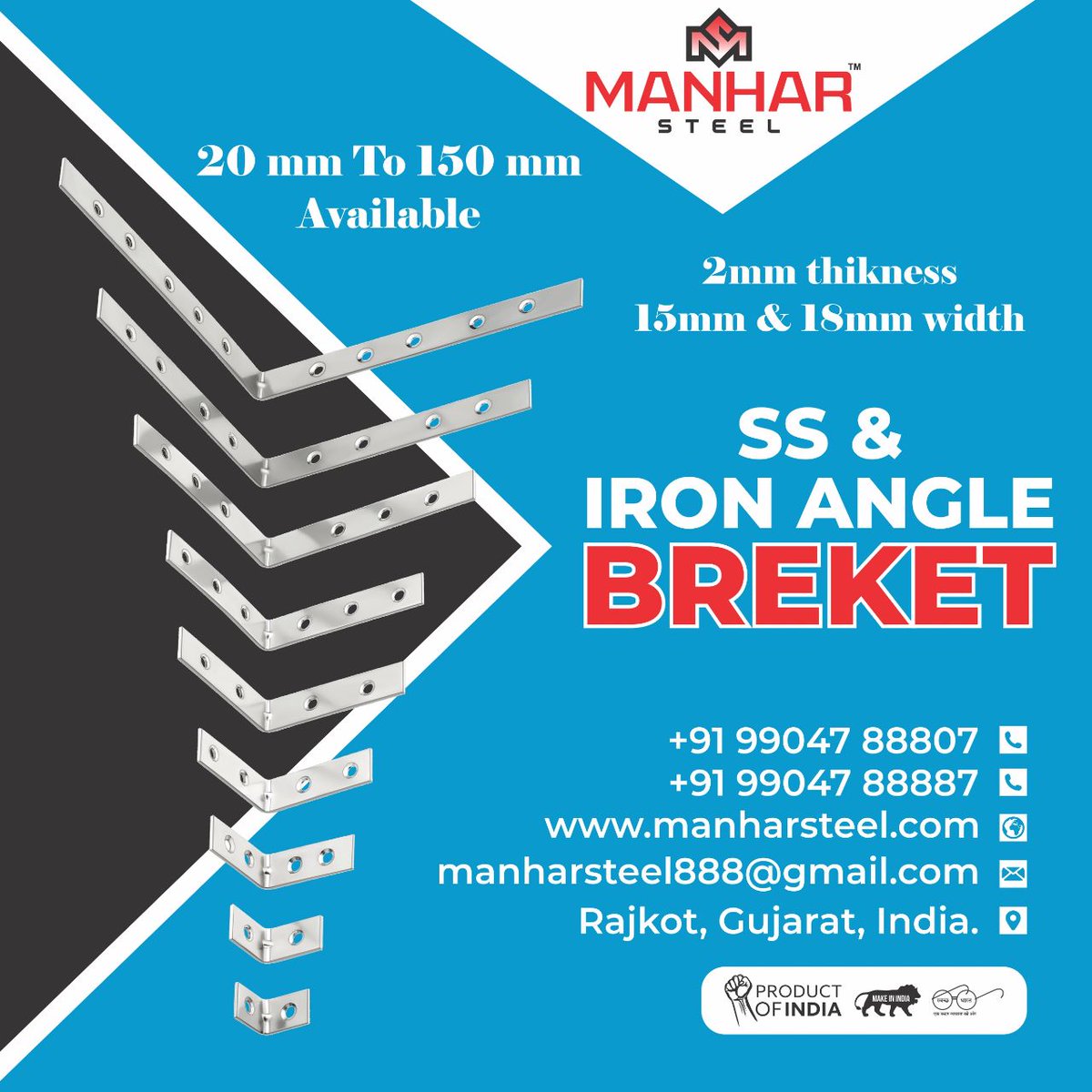 HardwareSamachr's tweet photo. Add the exquisite iron touch with MANHAR SS &amp; IRON ANGLE BREKETS.

Manhar Steel (Rajkot)
Contact: Mr. Ravi Patel - +91 9904788807, 9904788887

#Manhar #ManharSteel #HardwareFittings #AngleBrackets #AngleBracketsManufacturer #Rajkot https://t.co/uOH9FBumEx