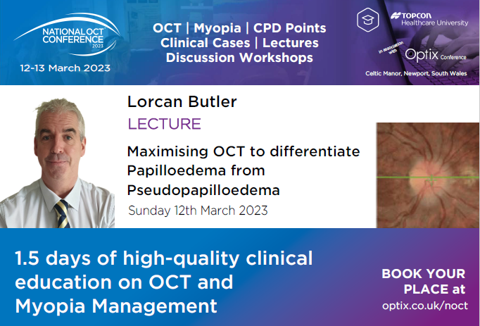Nervous about swollen discs? The critical task of differentiating papilloedema from mimics &amp; masqueraders? Increase your confidence to identify relevant OCT findings with  <a href="/butlerlorcan/">Lorcan Butler</a> at the National OCT Conference, 12-13 March. BOOK NOW, DON'T MISS OUT topconhealthcare.eu/en_UK/events/n…