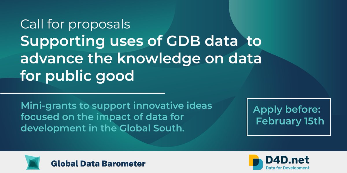 databarometer's tweet image. We recently launched research mini-grants to advance knowledge of #data for the public good through the use of the #databarometer results.

We are accepting proposal submissions until February 15, 2023.

Learn more about the call: globaldatabarometer.org/2023/01/call-f…