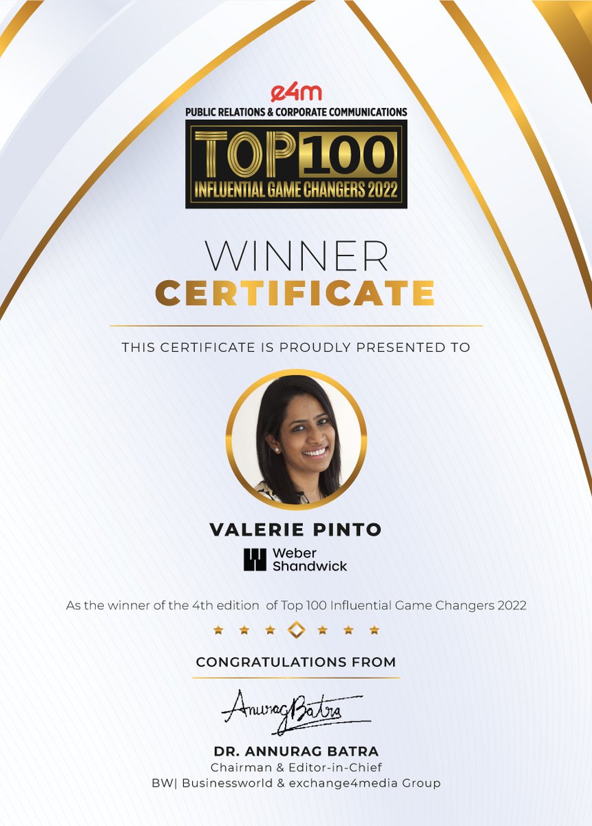 Heartiest Congratulations to <a href="/maskachaska/">Val....</a> from <a href="/WS_IND/">Weber Shandwick IN</a> for being part of Top 100 Influential Game Changers List 2022.

<a href="/anuragbatrayo/">Anurag Batra</a> | <a href="/nawalahuja/">Nawal Ahuja</a> | <a href="/karanbhatias/">Karan Bhatia</a>
 
#e4mprTop100 #e4mprlist #e4mPRCorpComm #list #PR #CorpComm